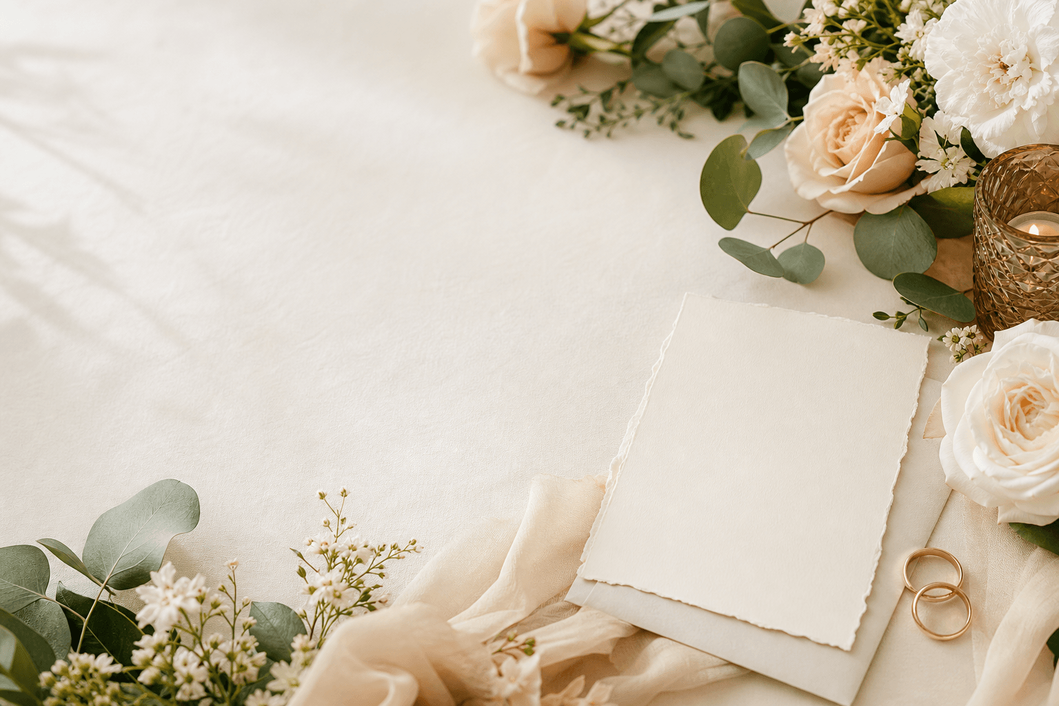 Papeterie de mariage, alliances et composition florale