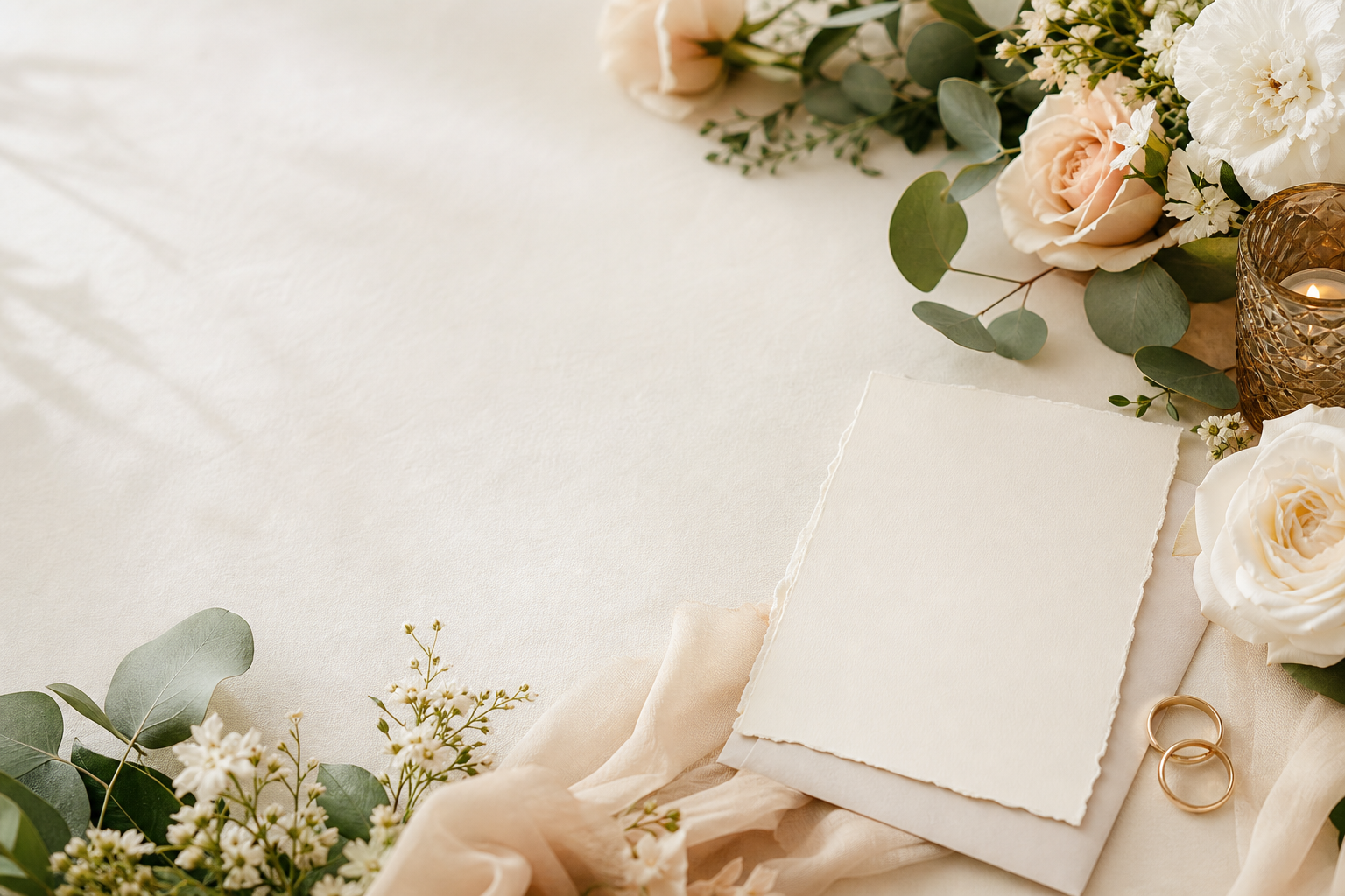 Papeterie de mariage entourée de fleurs, bougies et alliances
